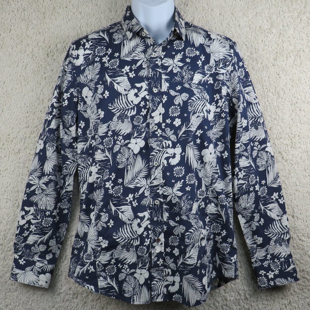 Estivaneli* Men's Long Sleeve Button Down Curved Hem Hawaiian Shirt~ Size Medium